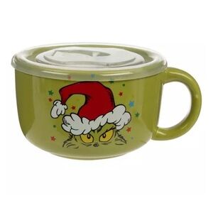The Christmas Grinch Green Ceramic Soup Mug Bowl w Pressure Release Lid 20oz